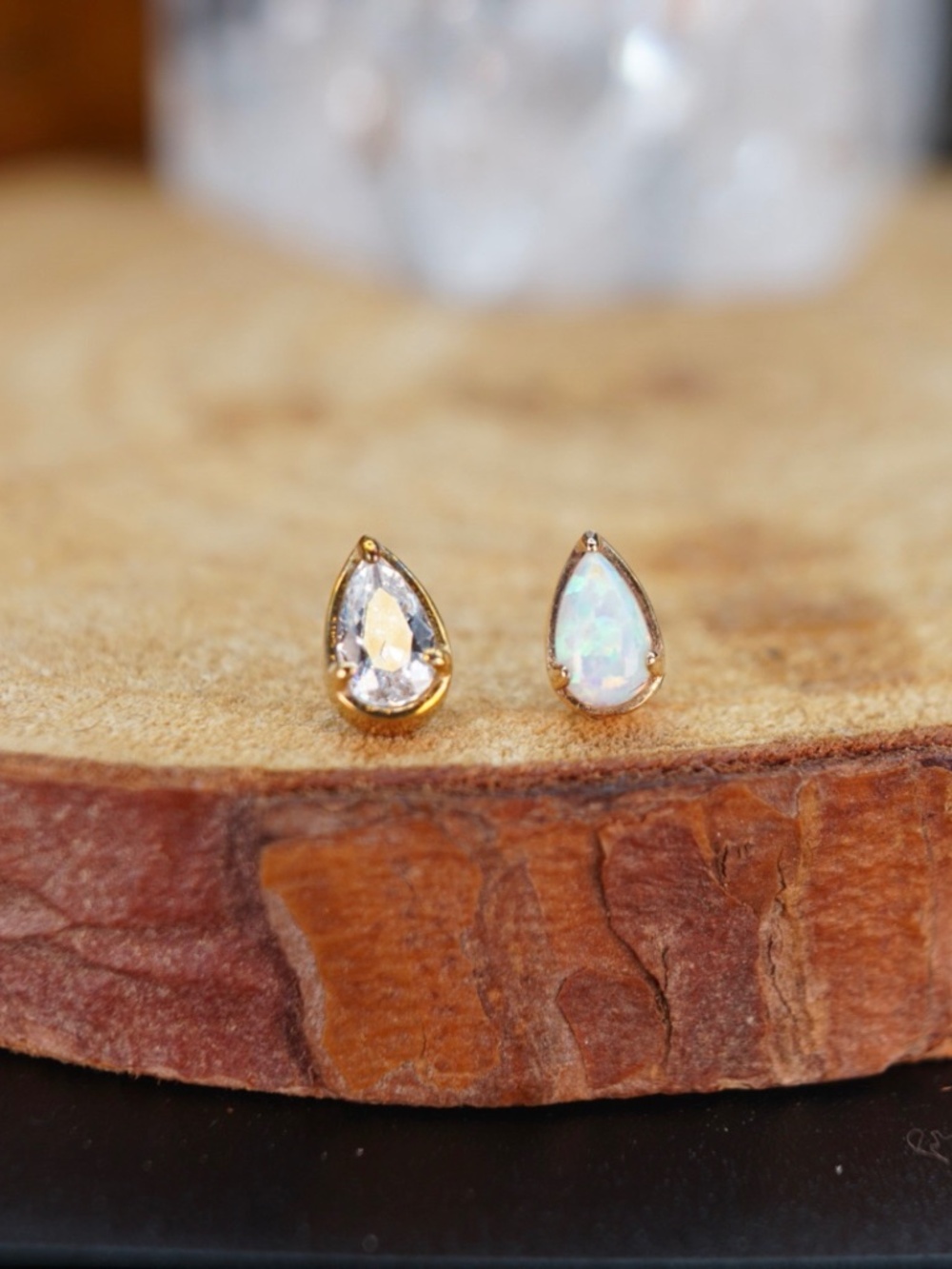 14k Solid Gold Bezel set Pear Threadless End Stud